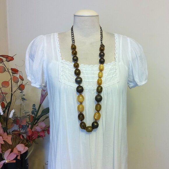 Vintage NEW sandwich jewellery Large Gray Tan Beads VTG Art Deco Long Necklace - Picture 5 of 7